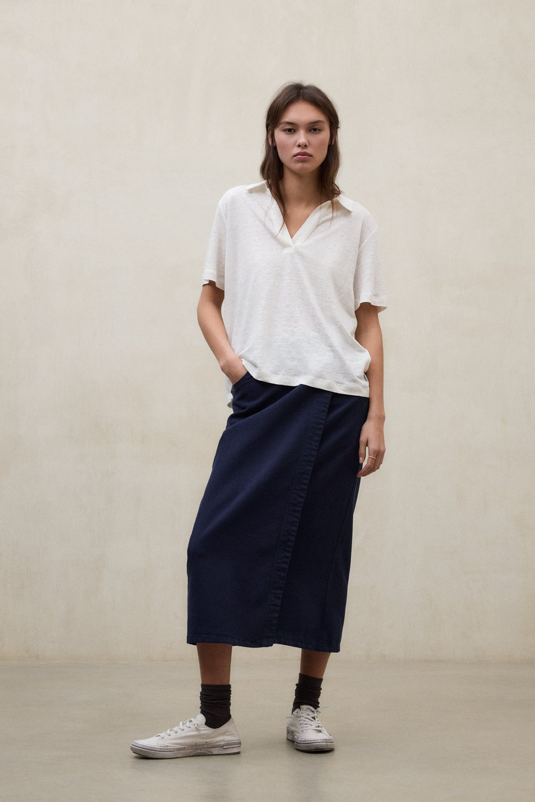 Wrap-Style Midi Skirt with Collared Shirt and White Sneakers Wrap-Style Midi Skirt with Collared Shirt and White Sneakers — Navy Blue Midi Skirt Outfits 2027