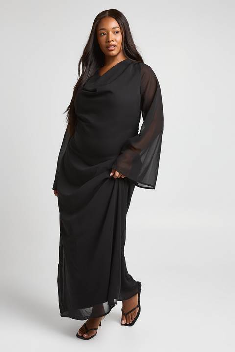 Black Chiffon Maxi Dress with Cowl Neck and Bell Sleeves Black Chiffon Maxi Dress with Cowl Neck and Bell Sleeves — Curvy Dresses 2027