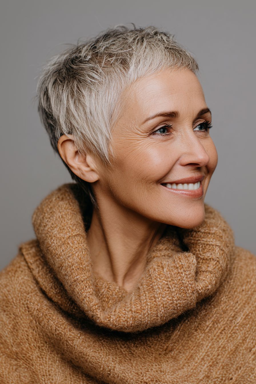 Short Natural Gray Pixie With Textured Layers Short Natural Gray Pixie With Textured Layers — Lowlights Pixie 2027