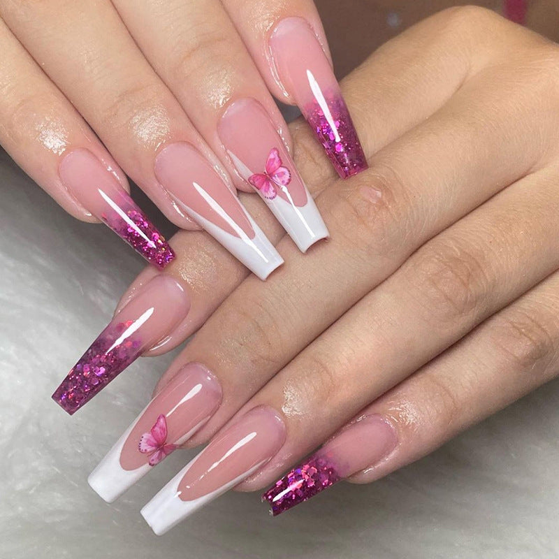 Glossy Glitter Pink Glitter Gradient Butterfly Nails Glossy Glitter Pink Glitter Gradient Butterfly Nails — Long Butterfly Coffin Nails 2027