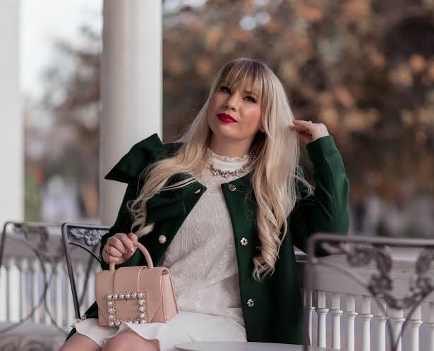 Cozy Dark Green Wool Coat Over Lace Top — Green Christmas Outfits 2026