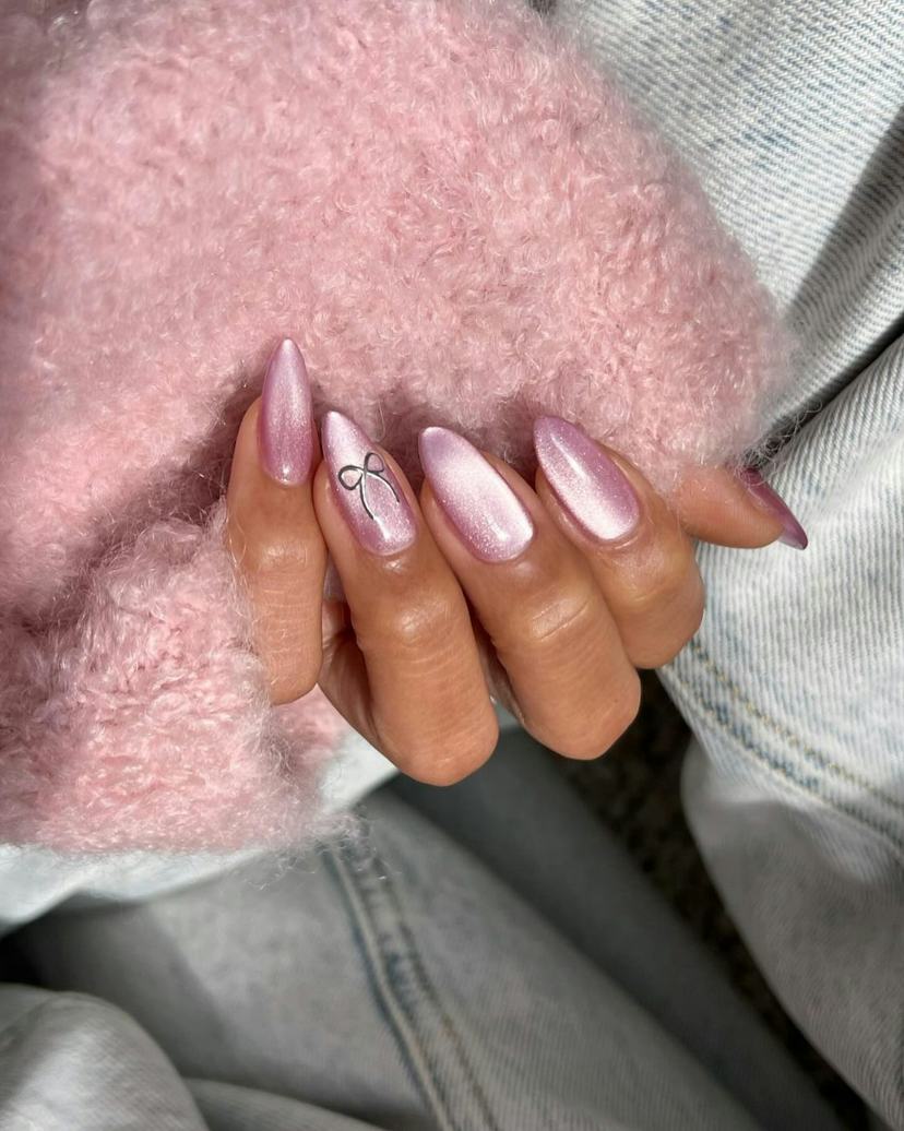 Shimmering Pink Almond with Silver Bow Outline — Pink Bow Nails 2027