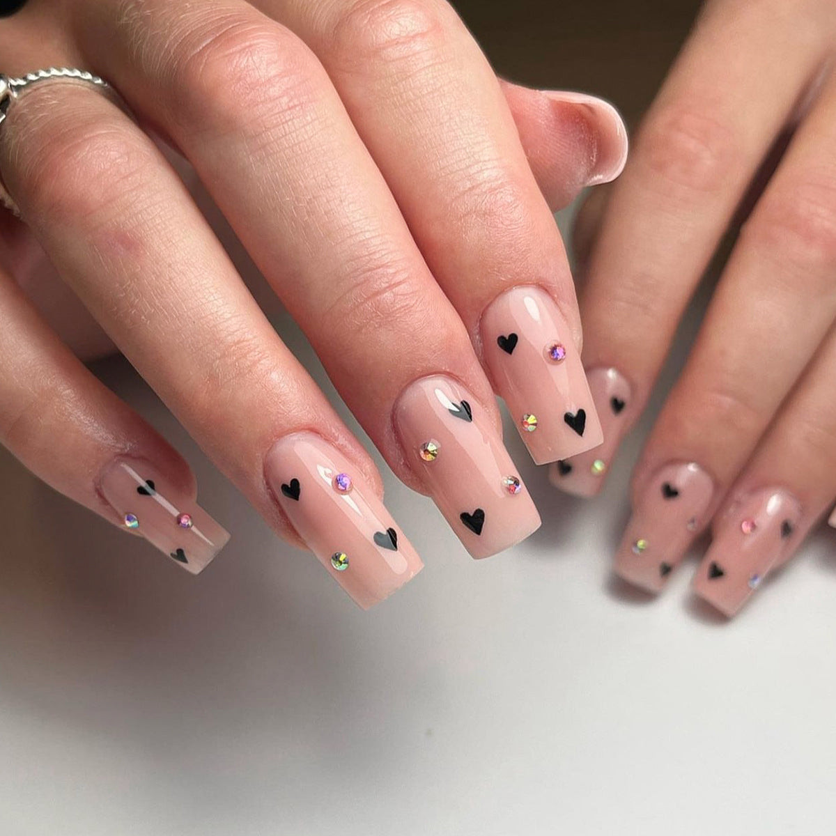 Sheer Nude Heart Decals Rhinestone Coffin Nails Sheer Nude Heart Decals Rhinestone Coffin Nails — Short Heart Coffin Nails 2027