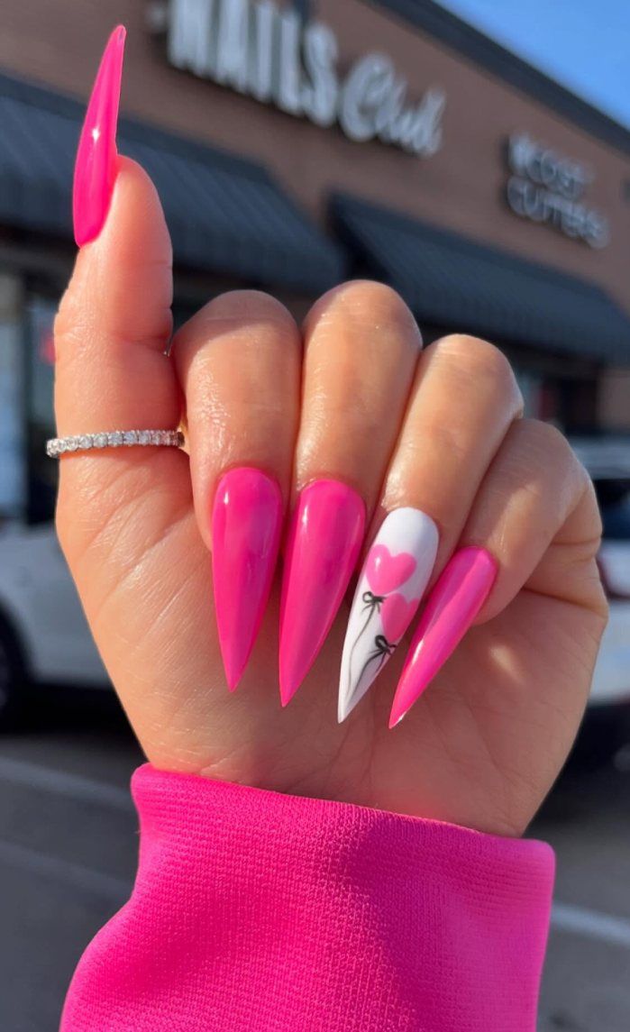 Neon Pink Stilettos with Heart Details Neon Pink Stilettos with Heart Details — Neon Stiletto Nails 2027