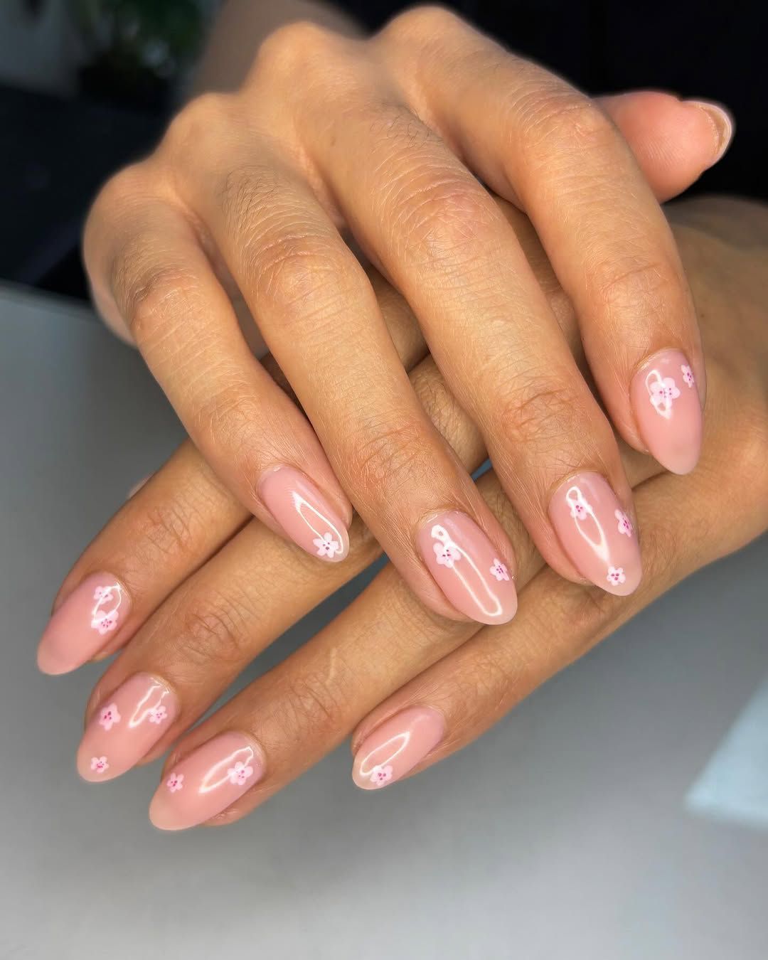 Pink Florals and Butterflies on Shimmer Pink — Floral Gel Nails 2027