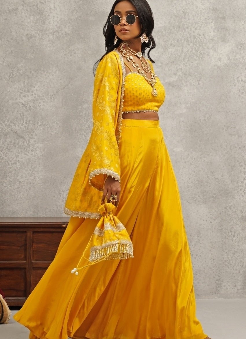Festive Mustard Yellow Indo-Western Outfit with Sequined Crop Top — Mustard Outfits 2027