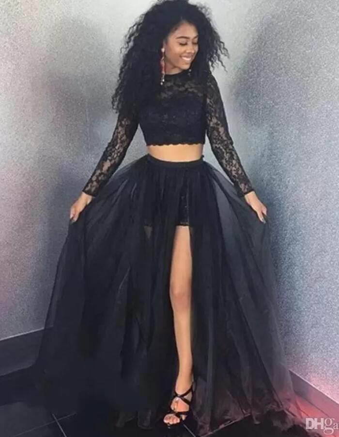 Black Lace Two-Piece Prom Dress with High Slit Skirt Black Lace Two-Piece Prom Dress with High Slit Skirt — Junior Prom Outfits 2027