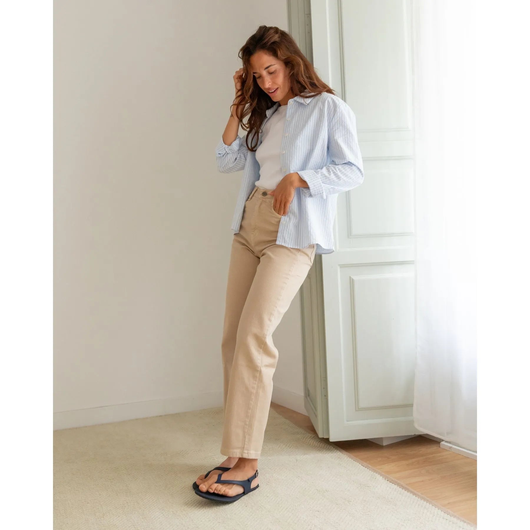 Beige Wide-Leg Pants with Striped Shirt — Beige Spring Outfits 2027