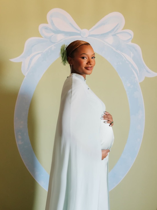 Light Blue Silk Cape Dress with Elegant Drape — Baby Shower Outfits 2027