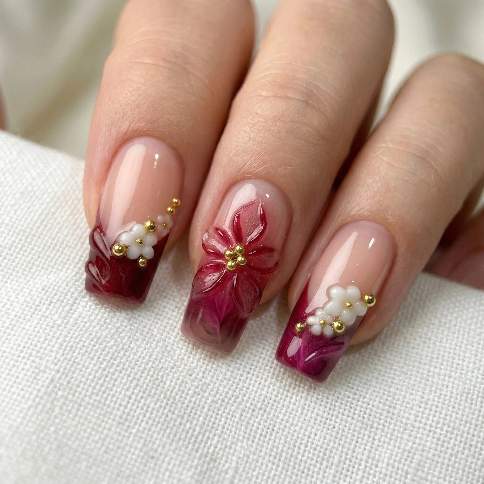 Burgundy 3D Floral Medium Square Nails Burgundy 3D Floral Medium Square Nails — Date Night Nails 2027