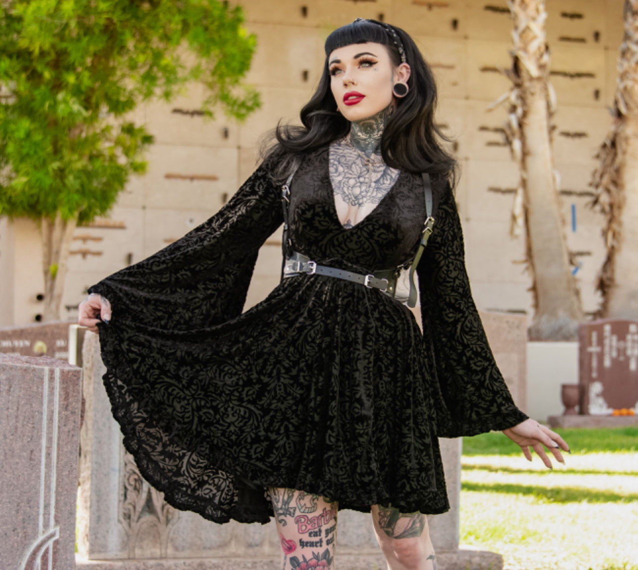 Velvet Mini Dress with Damask Pattern and Bell Sleeves Velvet Mini Dress with Damask Pattern and Bell Sleeves — Goth Lace Outfits 2027