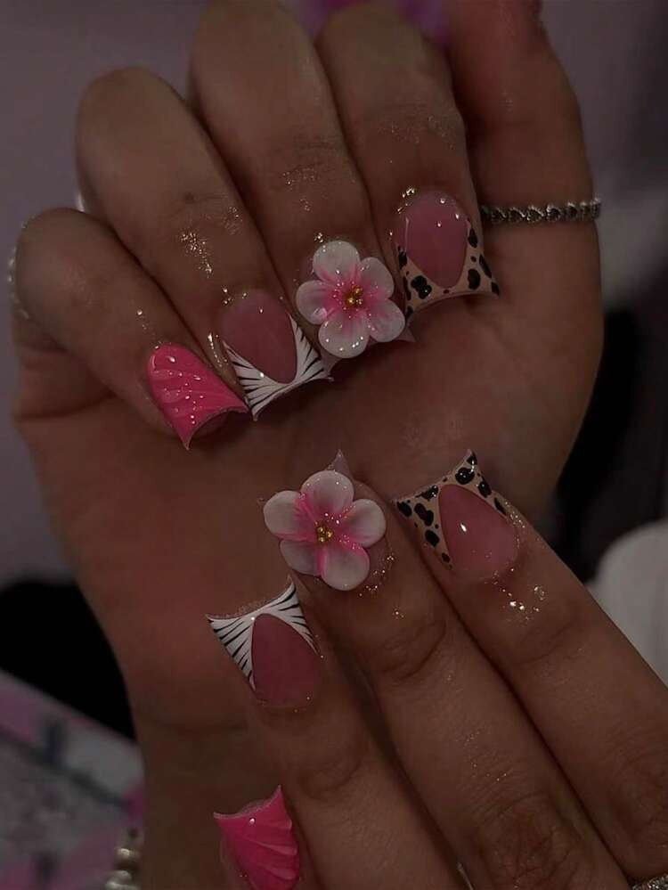Pink French Tips with Leopard and Florals Pink French Tips with Leopard and Florals — Pink Duck Nails 2027