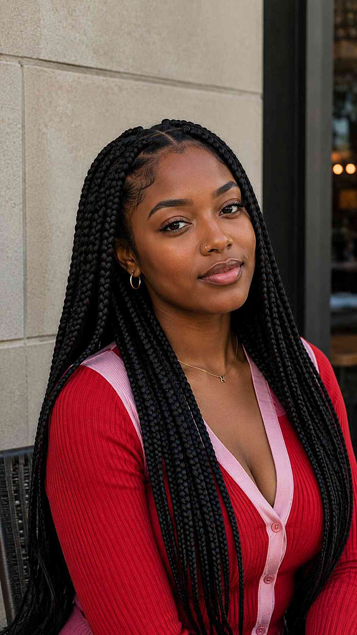 No Bangs Mid-Back Light Brown Braids With Metallic Beads — Knotless Braids 2027 for Prom
