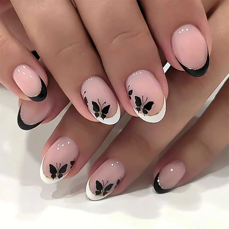 French Tip Gold Line Butterfly Silhouettes French Tip Gold Line Butterfly Silhouettes — Short Butterfly Round Nails 2027
