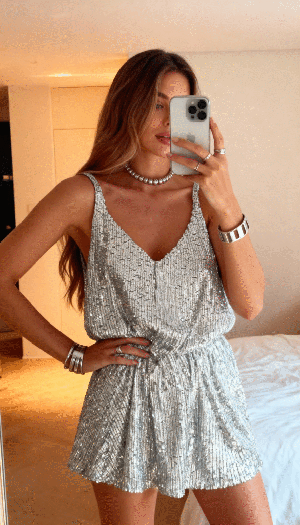 Silver Sequin Romper for a Fun and Festive New Year's Eve Silver Sequin Romper for a Fun and Festive New Year's Eve — Sequin New Years Eve Outfits 2027
