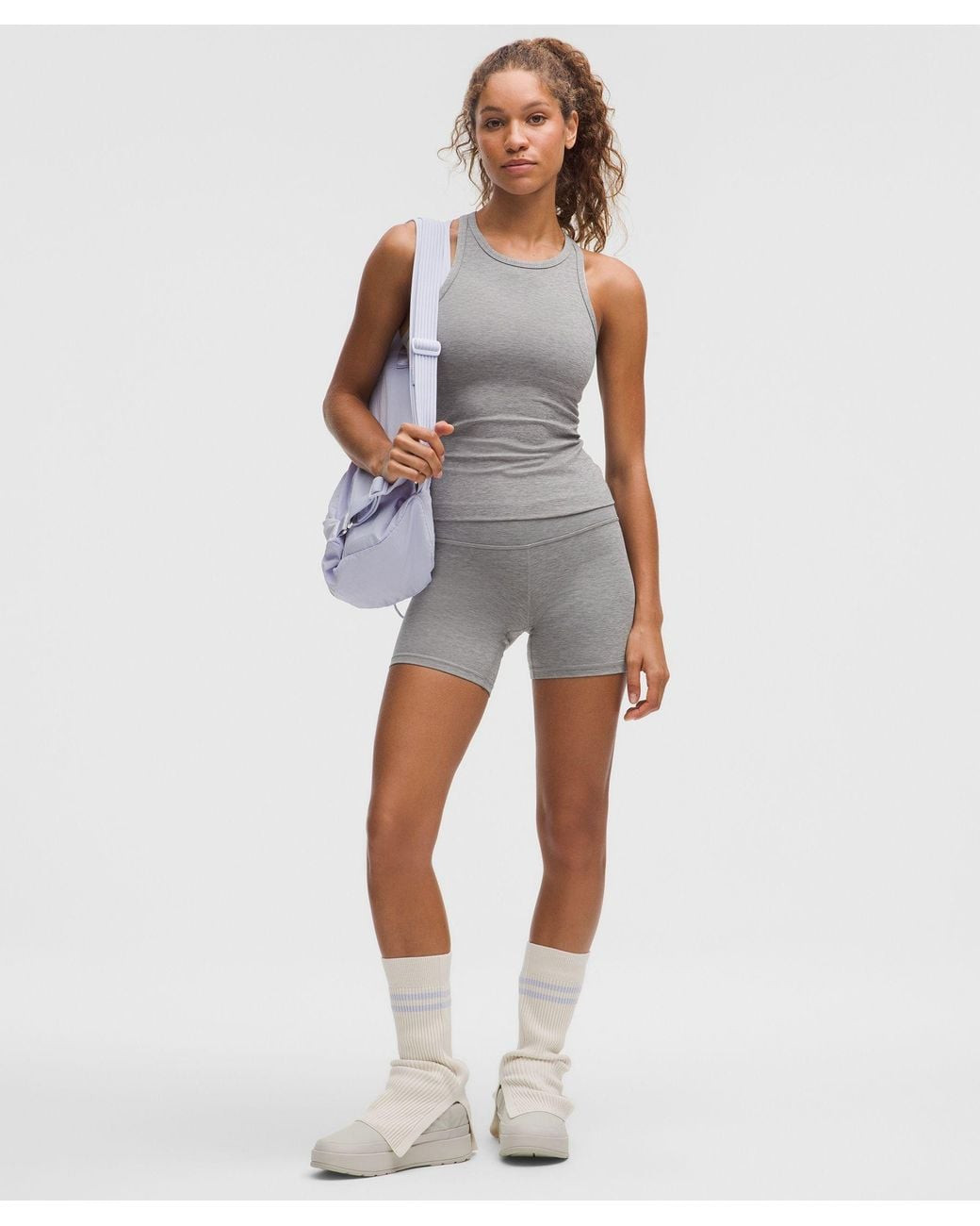 Athletic Set: Grey Tank, Shorts, and Leg Warmers Athletic Set: Grey Tank, Shorts, and Leg Warmers — Racerback Tank Top Outfits 2027