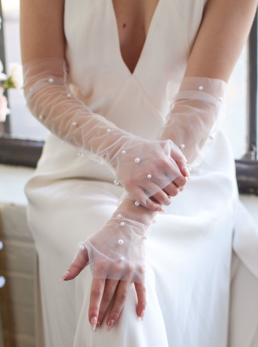 Sheer Tulle Pearls Outfit Idea — Wedding Gloves Outfits 2027