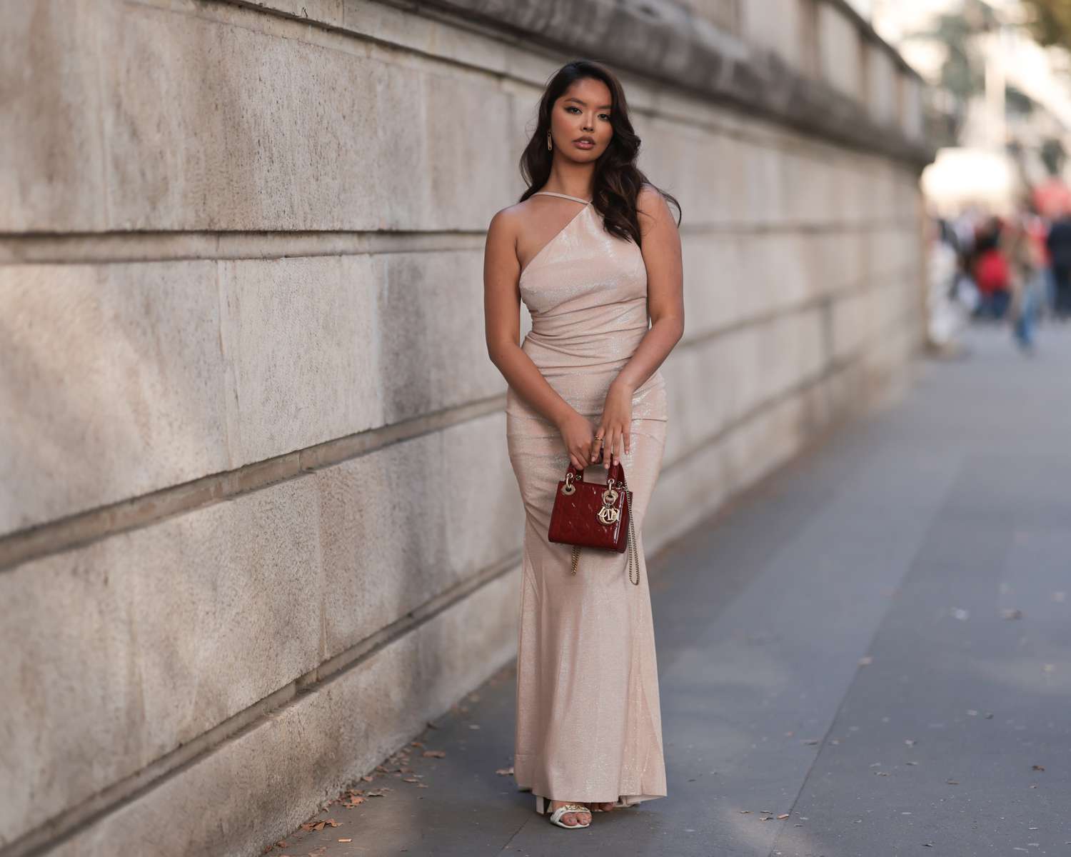 Champagne Shimmering One-Shoulder Maxi Dress — Summer Wedding Outfits 2027