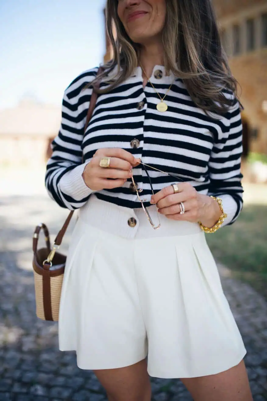 Striped Cardigan and Pleated Shorts for a Casual European Summer — Summer Europe Outfits 2027