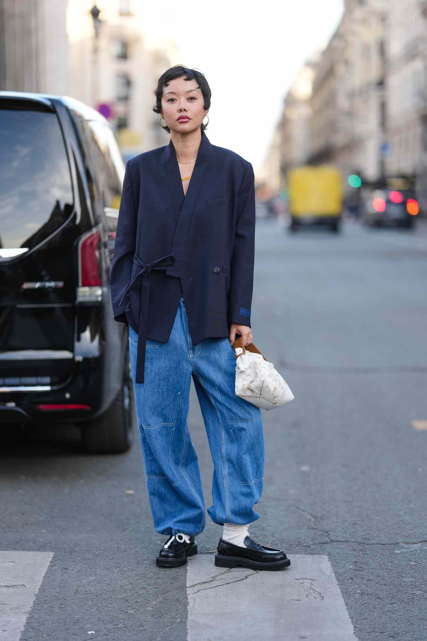 Navy Wrap Blazer with Wide-Leg Jeans and Loafers Navy Wrap Blazer with Wide-Leg Jeans and Loafers — Downtown Girl Outfits 2027