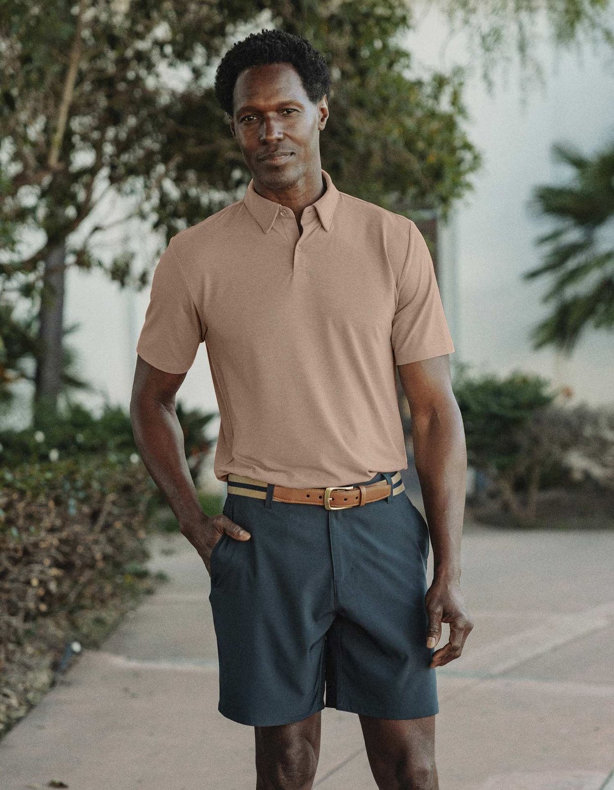 Tan Short-Sleeve Polo Shirt with Striped Belt Tan Short-Sleeve Polo Shirt with Striped Belt — Polo Dress 2027
