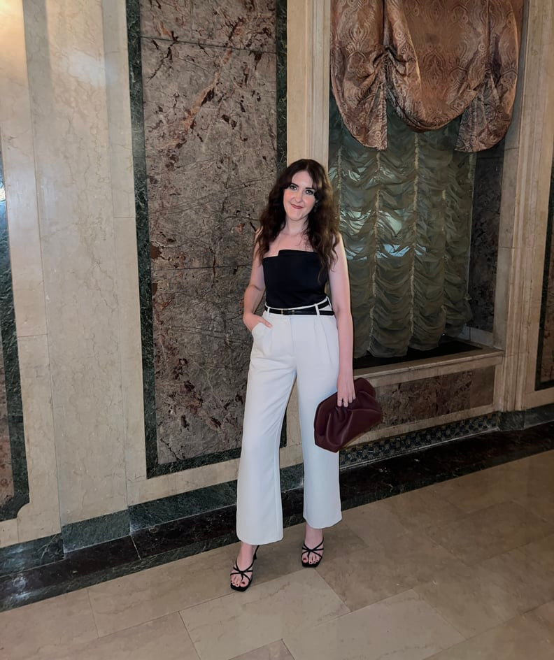 Strapless Top, Trousers, and Belt with Black Strappy Heels — Strappy Heels Outfits 2027