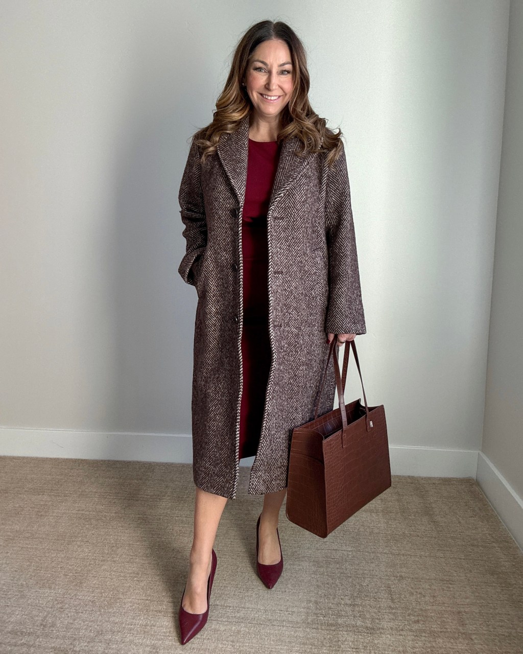 Classic Tweed Coat and Burgundy Dress Classic Tweed Coat and Burgundy Dress — Winter Outfits 2027 for Work