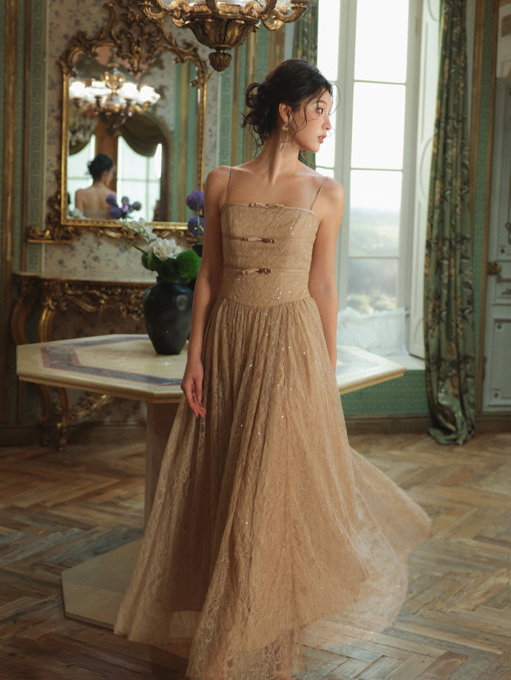 Champagne Lace Evening Gown with Subtle Bow Accents Champagne Lace Evening Gown with Subtle Bow Accents — Bows and Lace Outfits 2027