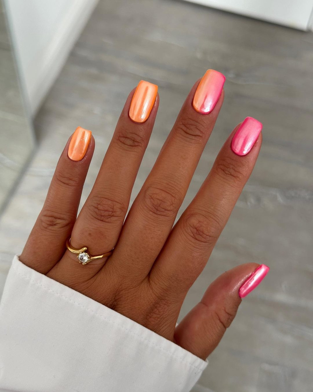 Shimmering Nude to Pink Orange Sunset Shimmering Nude to Pink Orange Sunset — Pink and Orange Sunset Nails 2027