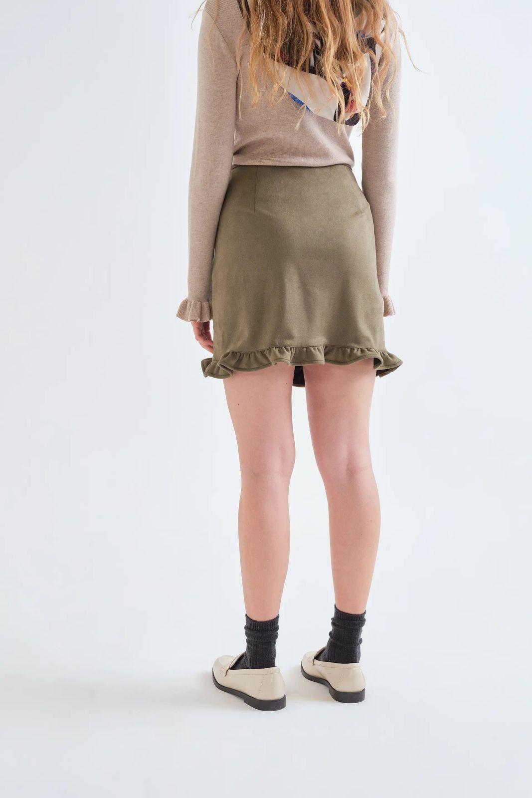Long-Sleeve Knit Sweater Olive Green Suede Mini Skirt with Ruffled Hem and Knit Sweater Long-Sleeve Knit Sweater Olive Green Suede Mini Skirt with Ruffled Hem and Knit Sweater — Olive Green Mini Skirt Outfits 2027