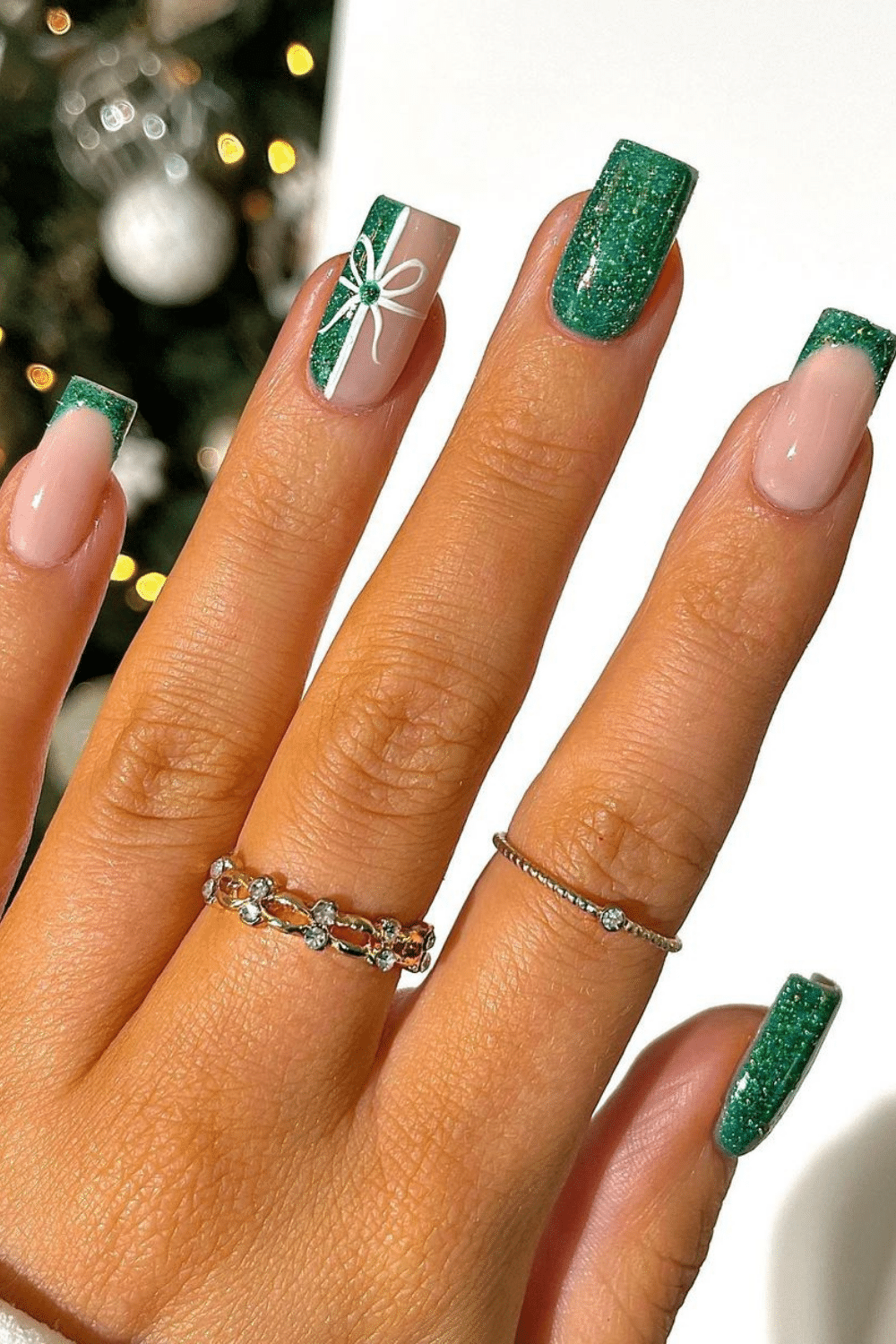 Emerald Green Glitter French Tips and Bow — Short Christmas Nails 2026