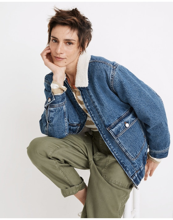 Denim Jacket with Sherpa Collar, Stripes, and Olive Pants Denim Jacket with Sherpa Collar, Stripes, and Olive Pants — Sherpa Denim Jacket Outfits 2027