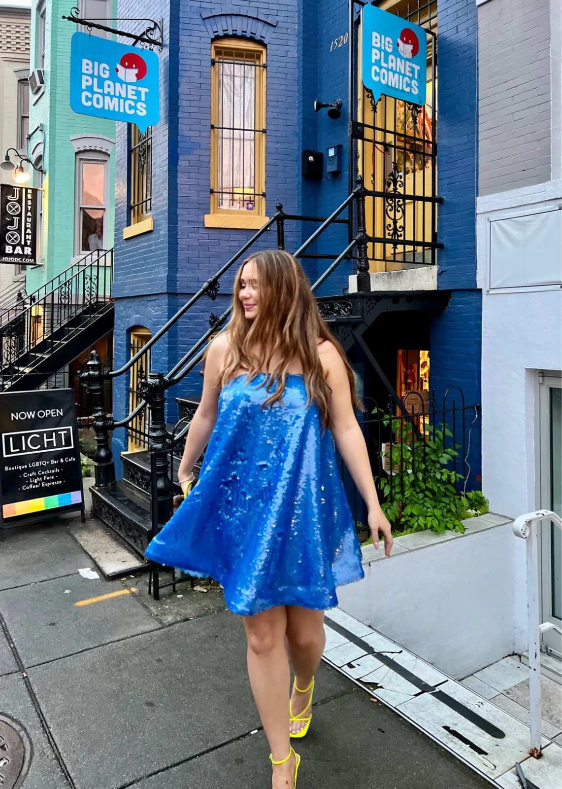 Sequined Radiance: Blue Mini Dress with Neon Heels — Cocktail Bar Outfits 2027
