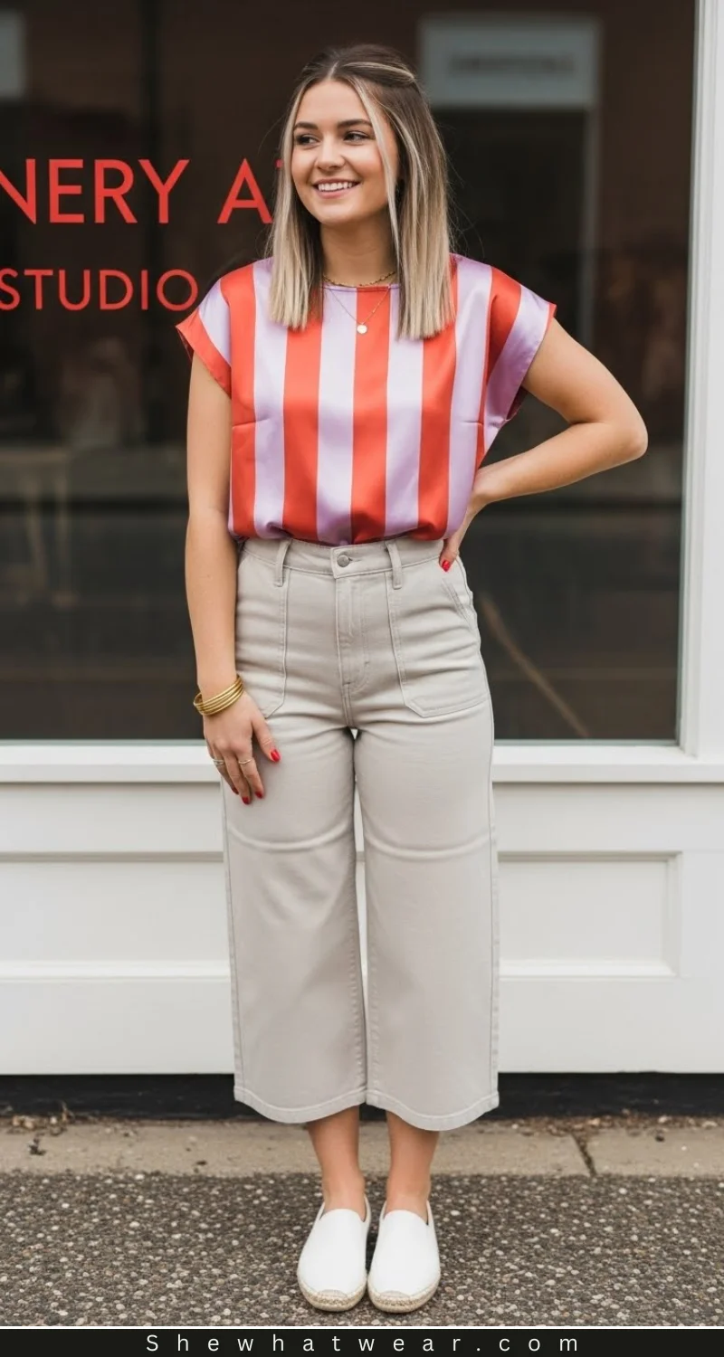Striped Satin Top with Cropped Beige Pants — Satin Top Outfits 2027