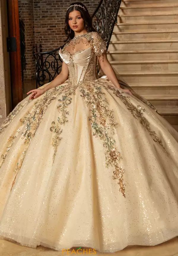 Champagne Ballgown with Intricate Gold Embroidery and Multicolor Accents — Champagne Quinceanera Dress 2027