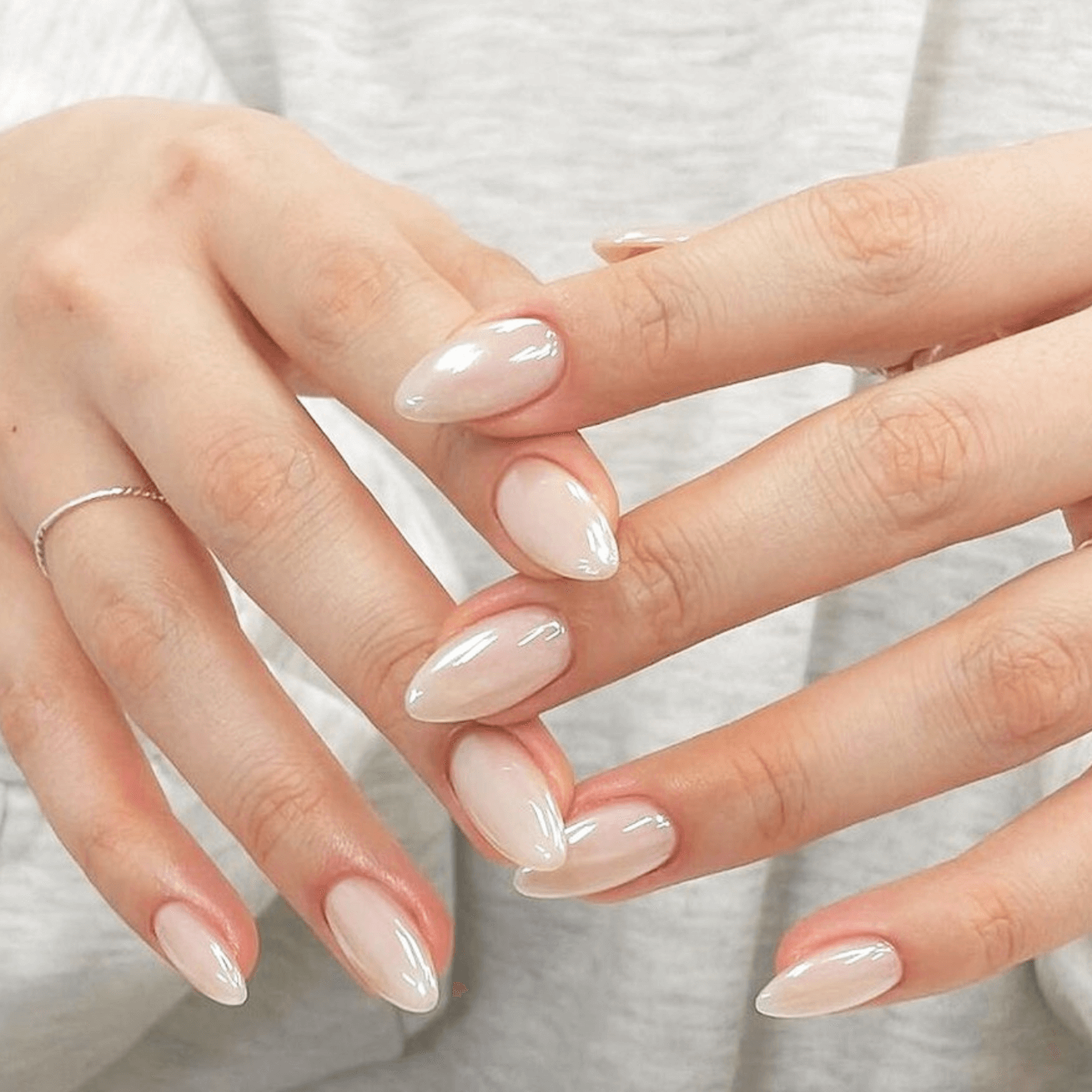 Milky Beige Pearlescent Almond Nails — Winter Oval Nails 2027