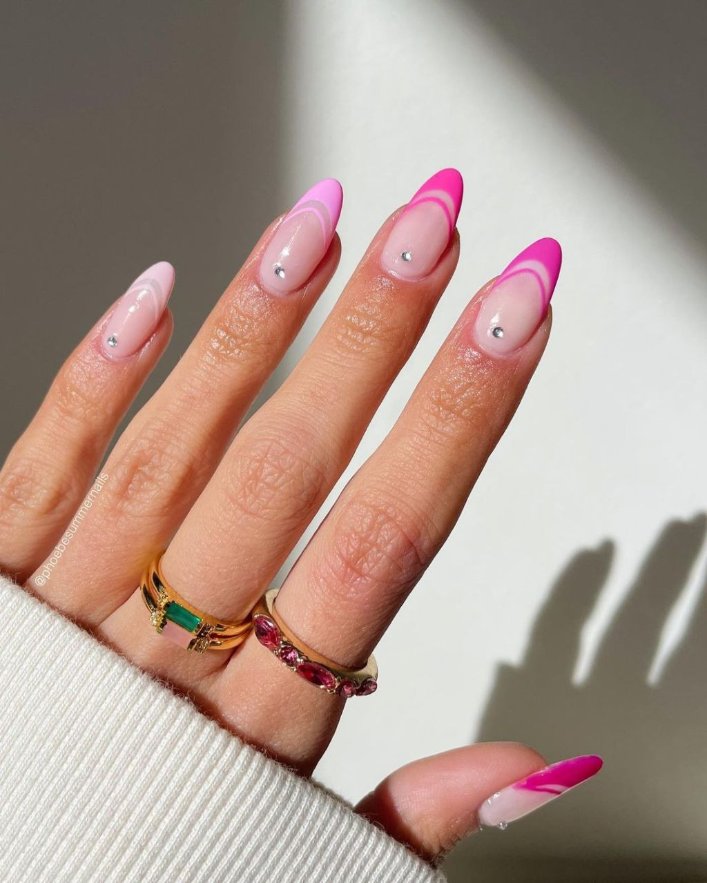 Modern Abstract Pink French Almonds with Rhinestones Modern Abstract Pink French Almonds with Rhinestones — Long Almond Pink Nails Ideas 2027