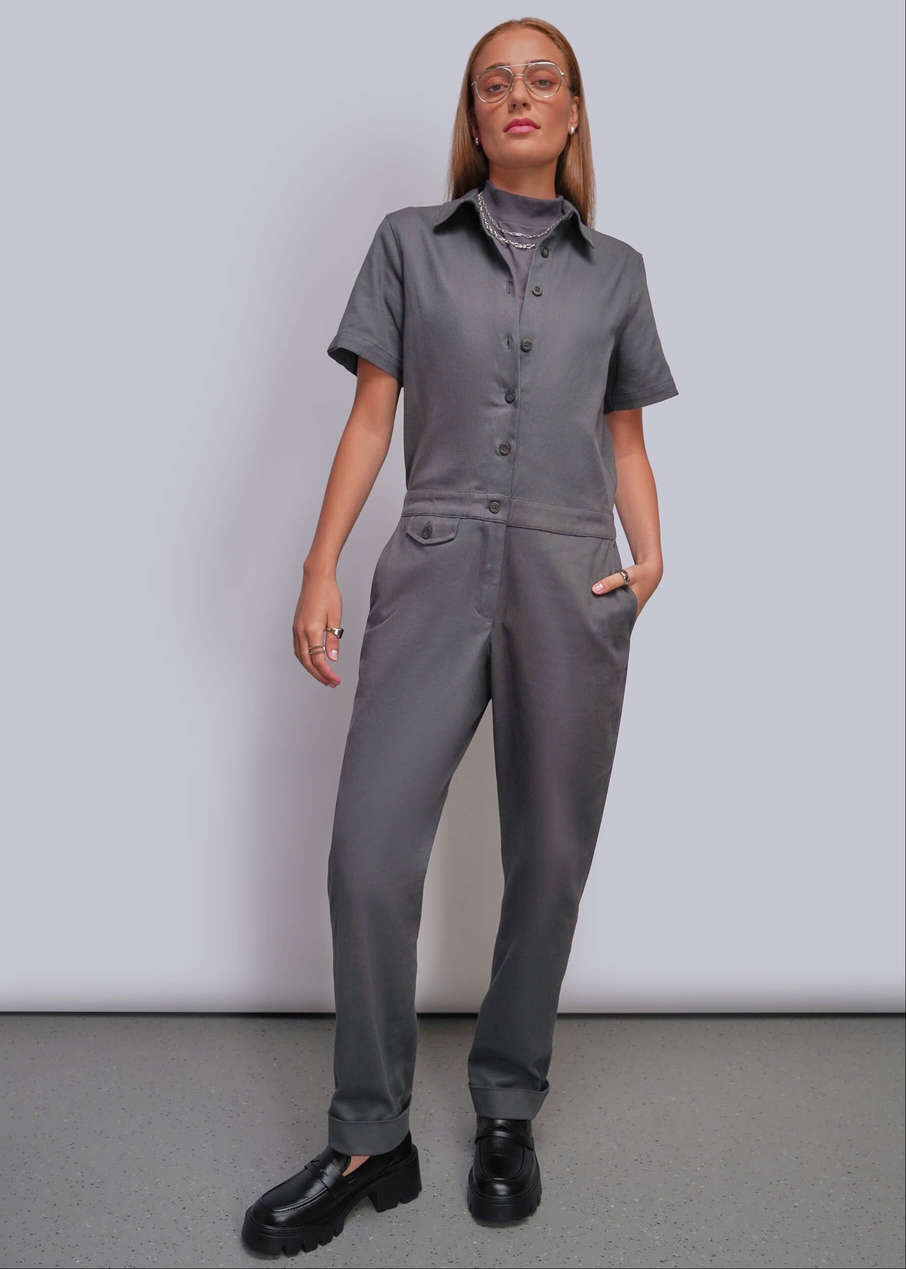 Charcoal Utility Jumpsuit: Modern Workwear with Mock Neck Charcoal Utility Jumpsuit: Modern Workwear with Mock Neck — Charcoal Outfits 2027