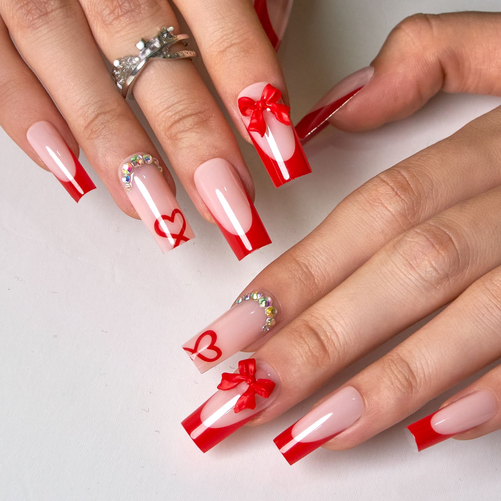 Long Coffin with Red French Tips and 3D Bows Long Coffin with Red French Tips and 3D Bows — Long Bow Nails 2027