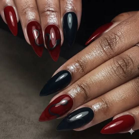 Gothic Red with Subtle Black Flame Accents Gothic Red with Subtle Black Flame Accents — Red and Black Nails 2027