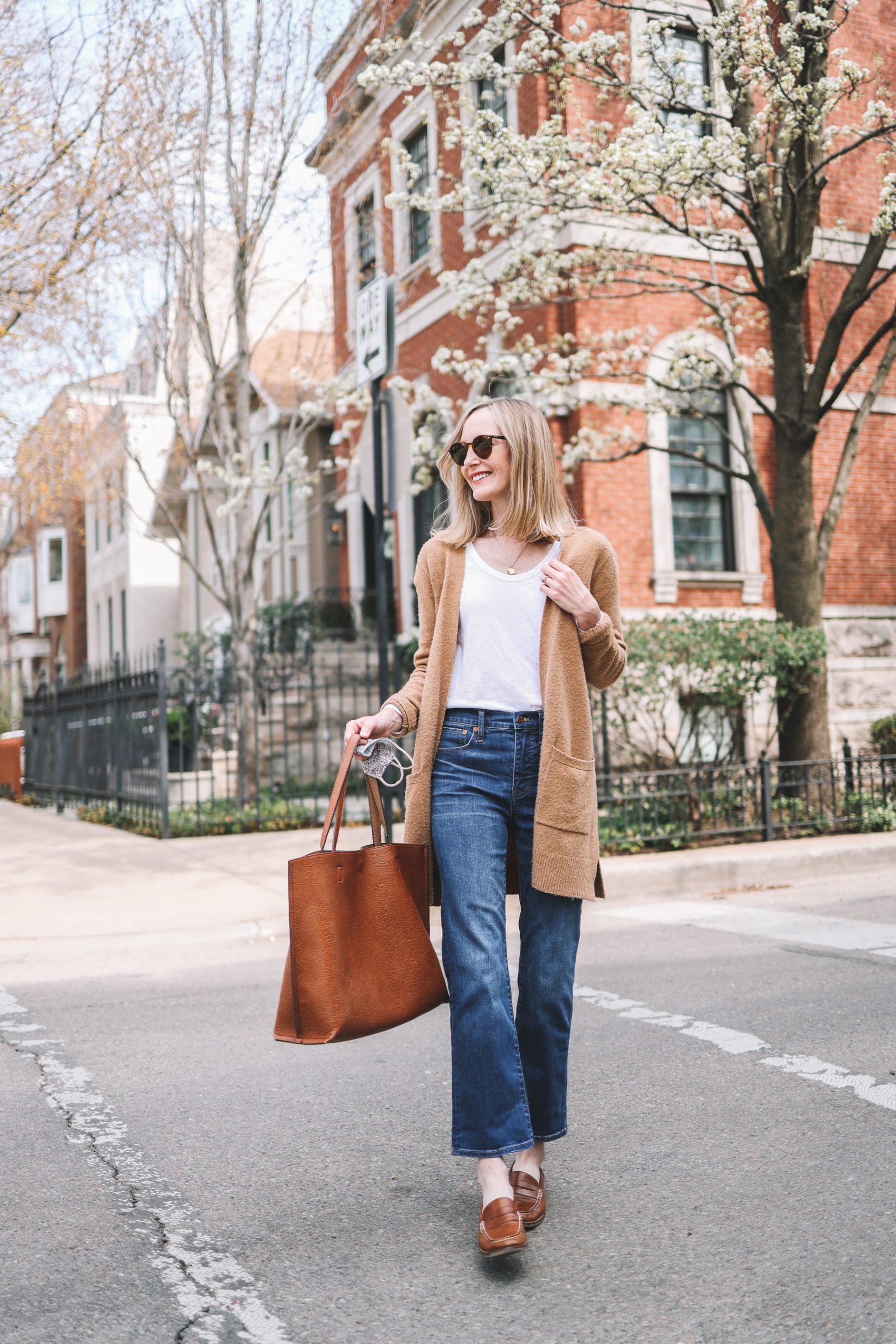 Dark Wash Wide-Leg Jeans with a Camel Knit Cardigan and White Tee Dark Wash Wide-Leg Jeans with a Camel Knit Cardigan and White Tee — Spring Outfits 2027 with Jeans
