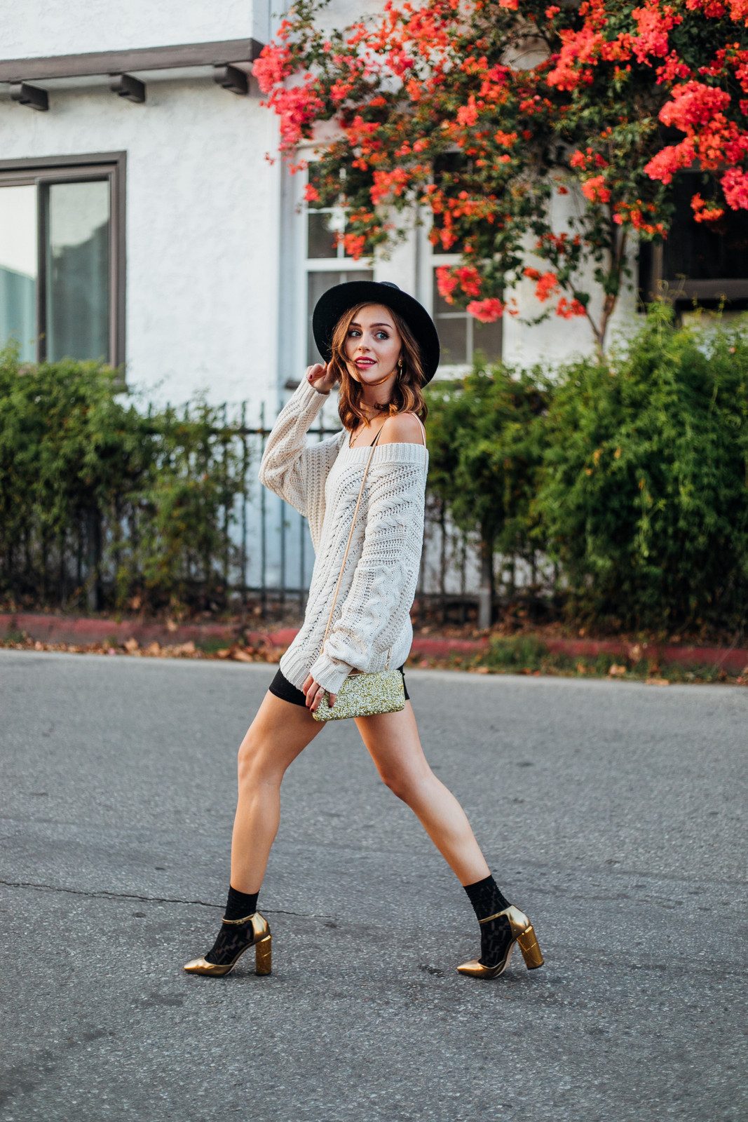 Black Ankle Socks with Gold Block Heels and Knit Sweater — Socks 2027 with Heels Outfits