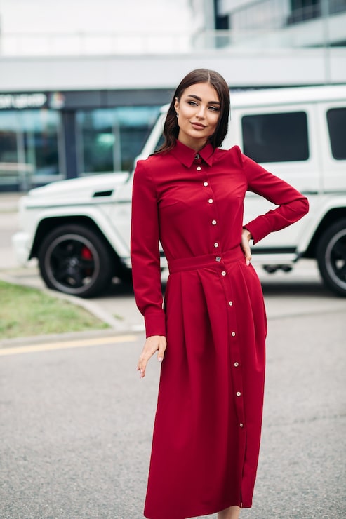 Red Collared Dress with Belted Waist for a Polished Look Red Collared Dress with Belted Waist for a Polished Look — Hostess Outfits 2027