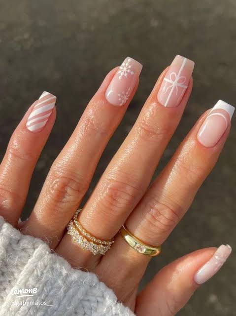 Sheer Pink White French Bow Square Nails Sheer Pink White French Bow Square Nails — Neutral Christmas Nails 2026
