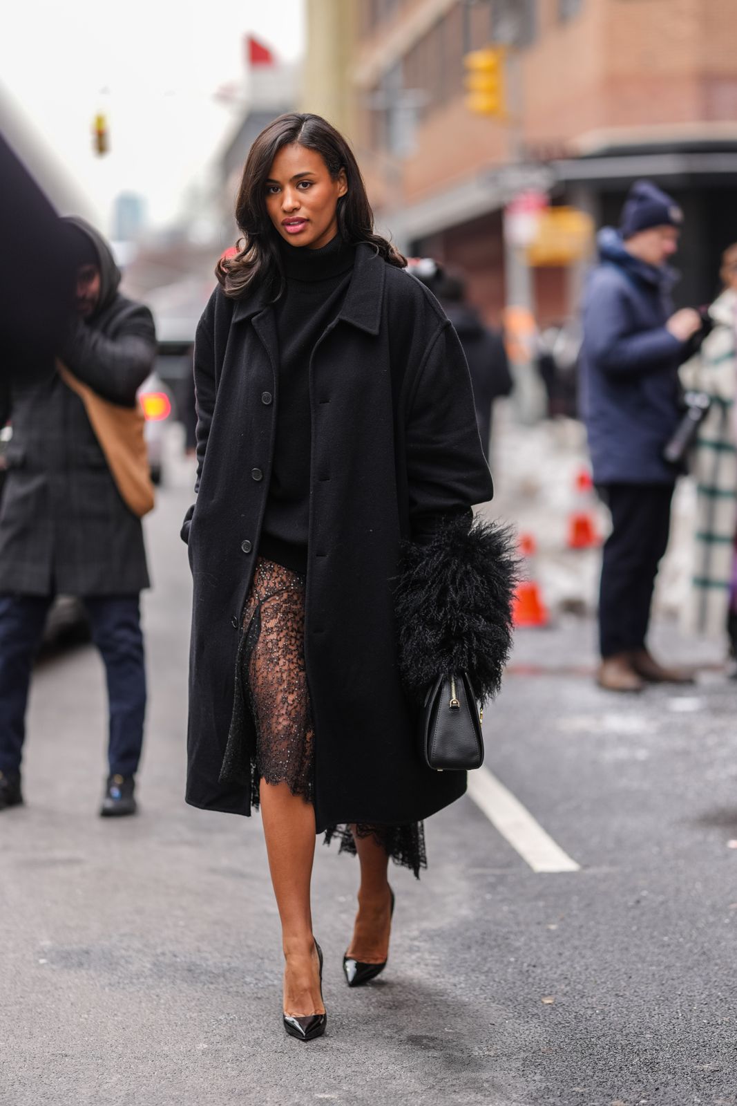 Elegant Black Lace Dress Under a Long Wool Coat Elegant Black Lace Dress Under a Long Wool Coat — Winter Outfits Warm Climate 2027