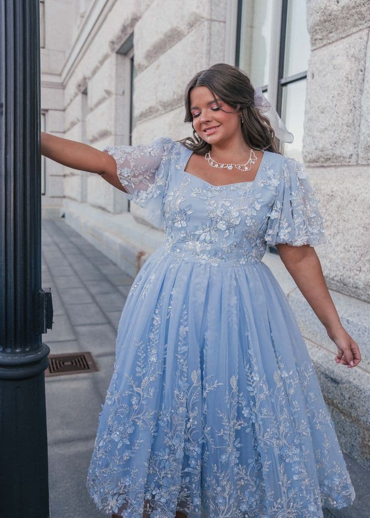 Light Blue Embroidered Tulle Dress for a Romantic Wedding Light Blue Embroidered Tulle Dress for a Romantic Wedding — Plus Size Wedding Guest Outfits 2027
