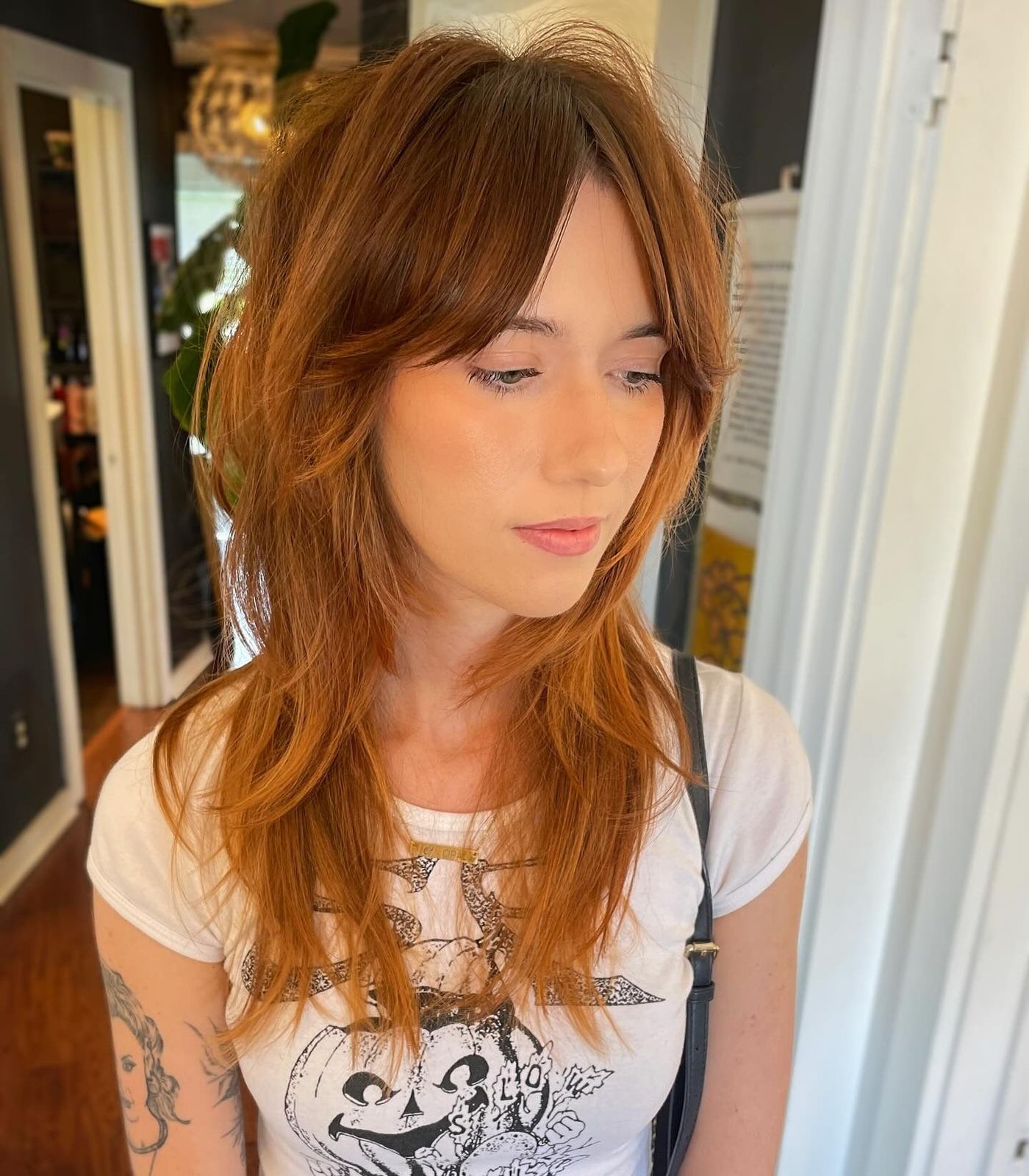 Mid-Back Reddish-Brown Mullet With Wispy Bangs Mid-Back Reddish-Brown Mullet With Wispy Bangs — Soft Bangs 2027