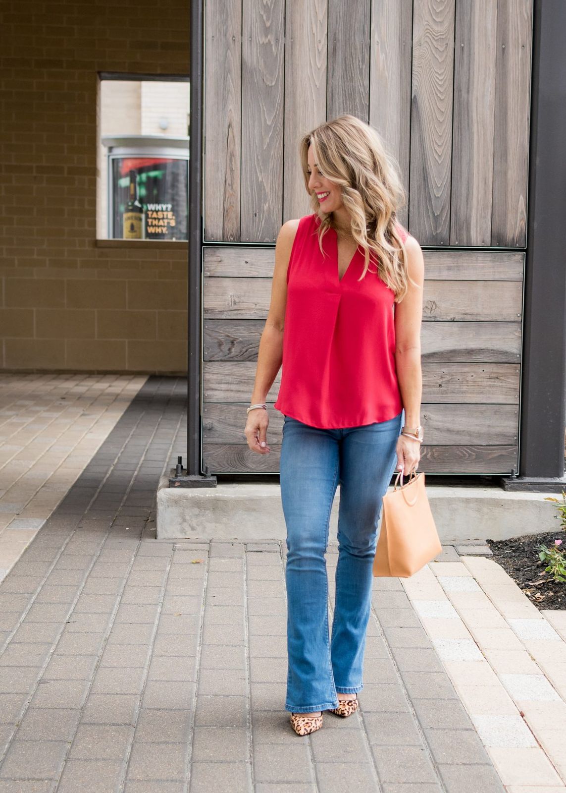 Blue Bootcut Jeans with Red V-Neck Top and Leopard Heels Blue Bootcut Jeans with Red V-Neck Top and Leopard Heels — Bootcut Jeans Outfits 2027 with Tank Top