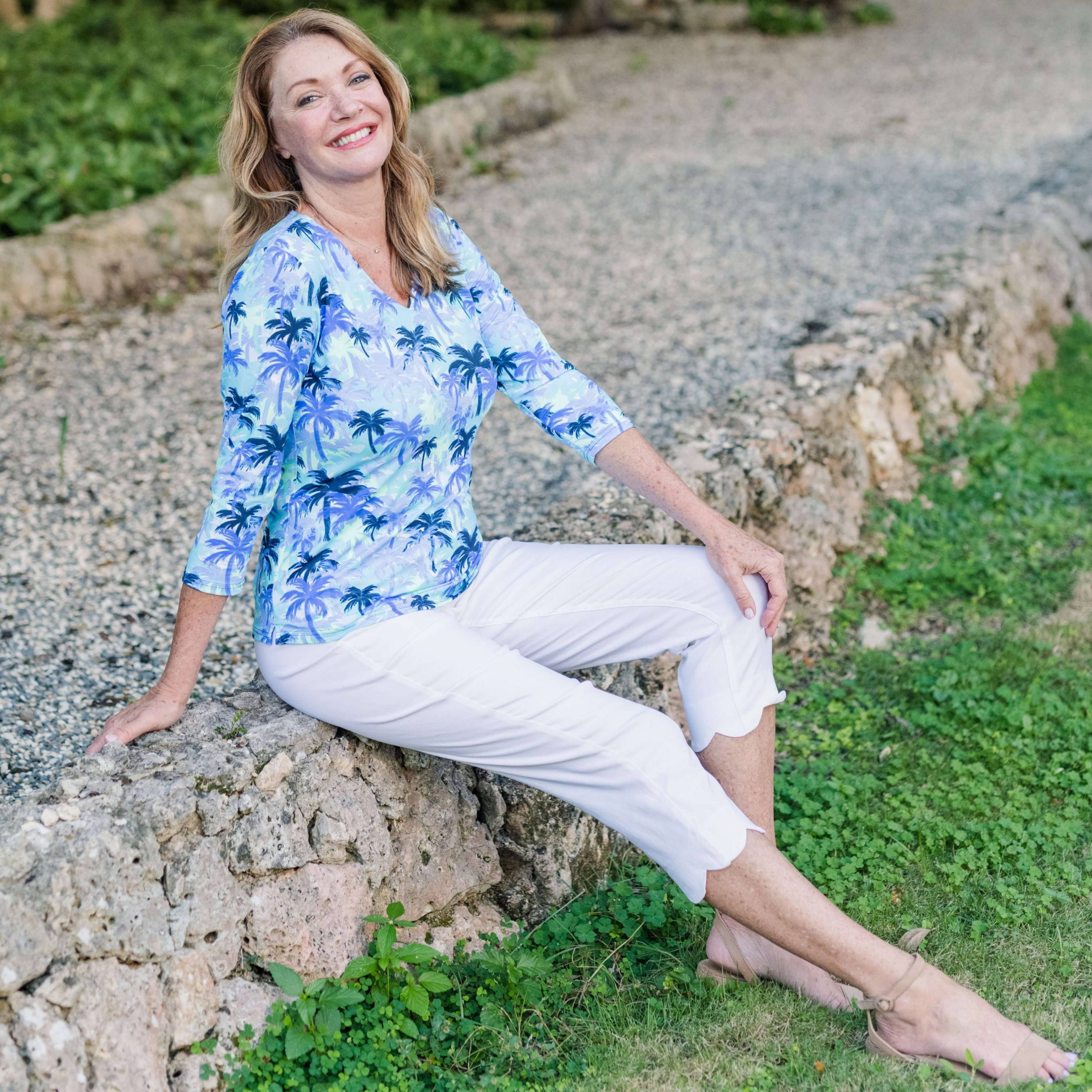 Palm Tree Print Top and White Cropped Pants: Casual Daytime Refresh — Outfits 2027 for Women Over 60