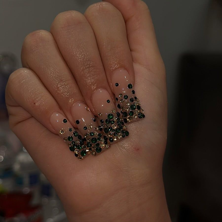 Glossy Base With Faceted Gem Sparkle Visual Idea Glossy Base With Faceted Gem Sparkle Visual Idea — Emerald Prom Nails 2027